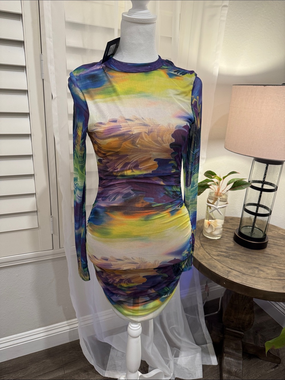 Fashion Nova Multicolor Sheer Long Sleeve Bodycon Dress